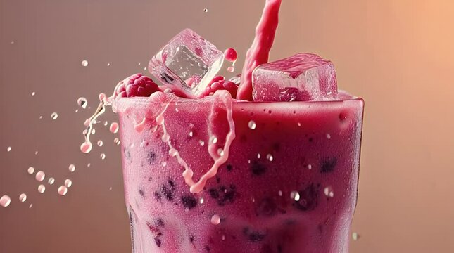 Mixed Berry Smoothie Pouring into Glass with Ice Cubes