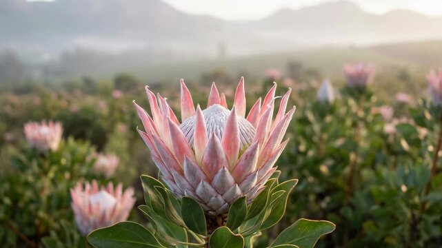 A close-up of the delicate protea flower in a sun-kissed field, inviting tranquility and peace.