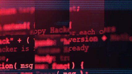 Close up of computer screen with red programming code, glitch distortion and digital noise, futuristic hacker background, system error, data corruption and cybersecurity concept. Software hack - Powered by Adobe
