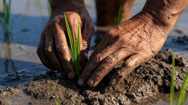 Close-up shows a farmer carefully planting a rice seedling in a muddy rice field, embodying the essence of agriculture.