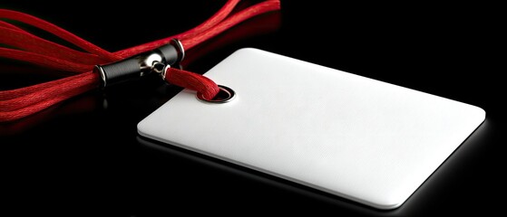 Close-up shot of a white id card with a red lanyard for an event or conference mock-up on a black background displayed in detail