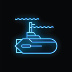 Glowing neon submarine icon with periscope and waves on black background