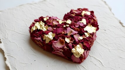 Crushed dried rose petals and gold leaf flakes arranged into a heart on a textured, handmade paper background.