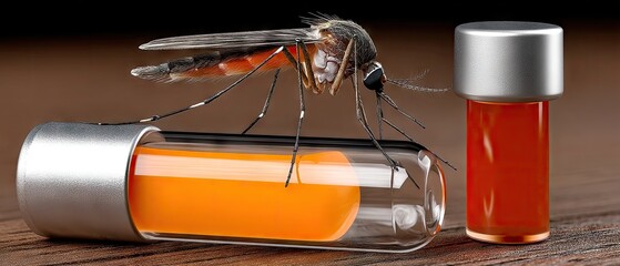 Close-up view of mosquito resting on medical vial with liquid during laboratory setting in a scientific environment