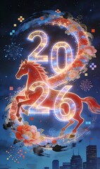Dynamic Chinese-tech style poster: A galloping horse formed by glowing particle data and traditional ink brushstrokes, ideal for tech presentations, cultural promotions, digital art, and festive backg