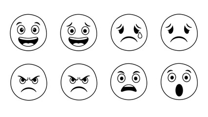 Emotion faces icons set for emotions, reactions and feelings in ui, flat line style