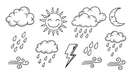 Weather icons set with sun, clouds, rain, wind, lightning, and moon for app, web, ui, and infographic design