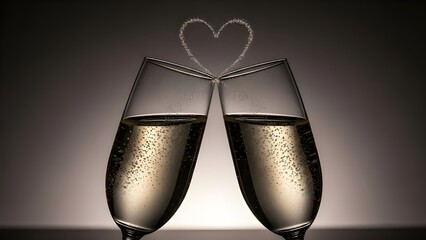 Two elegant champagne flutes touching, their bubbles forming a rising heart pattern against a dark, sophisticated background.