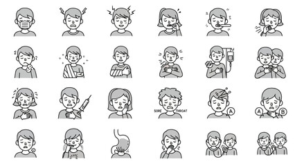 Fototapeta premium Various cartoon people showing symptoms of illness and sickness