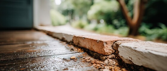 Close-up of dirty window sill with water droplets and rough metal texture against a blurred green background and cloudy sky in an urban setting