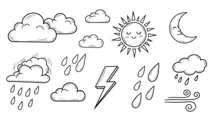 Weather icons set with cloud, sun, moon, rain, lightning, and wind symbols for app and website design