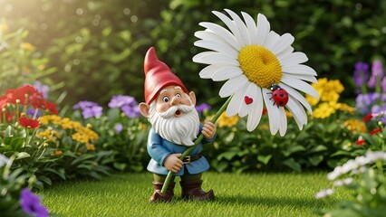 A surprised garden gnome holding a giant daisy that is twice his size, a ladybug sits on the petal shaped like a heart.