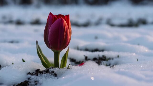 Time-lapse of a frozen red tulip bud thawing and blooming in the snow. Flower opening as winter turns to spring. Resilience of nature concept