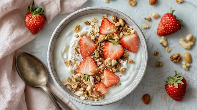 Yogurt Bowl with Sliced Strawberries and Granola