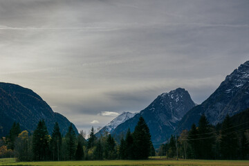 Mountain valley with forest and alpine peaks under cloudy sky