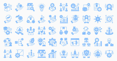 Business Opportunities icon collection set. Containing product development, innovation, investment, partnership, sustainability, market research, strategy and growth icon. Blue vector Illustration.