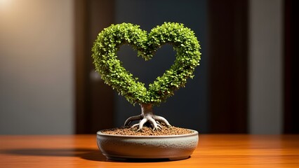A bonsai tree pruneda and shaped into a delicate, living heart, in a shallow ceramic pot.