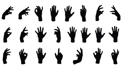 Collection of black hand silhouettes in various gestures on white