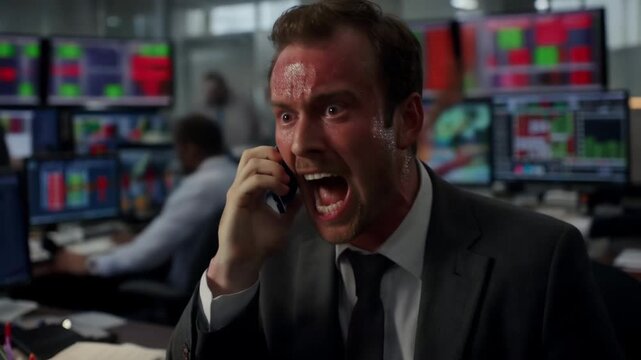 Stressed and angry coucasian stock trader screaming on the phone during a market crash. Crisis concept