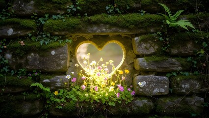 A heart-shaped hole in a moss-covered ancient stone wall, with light streaming through onto wildflowers