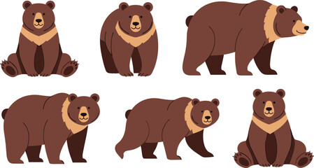 Fototapeta premium Cute brown bear illustration set in different poses for kids wildlife cartoon animal design projects
