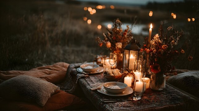 Romantic outdoor picnic dinner setup at twilight, creating a cozy and intimate autumn ambiance with glowing candles, boho decor, and dried floral arrangements