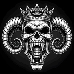Menacing horned skull with crown emblem illustration.
