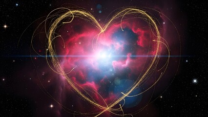 A heart-shaped nebula glowing in deep space, with delicate gold dust trails, symbolizing cosmic love. Cinematic, ethereal.