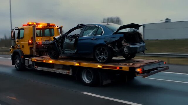 Yellow tow truck transporting a severely damaged blue car on a highway. Recovery vehicle hauling a wrecked sedan with deployed airbags after an accident. Car crash aftermath and insurance concept