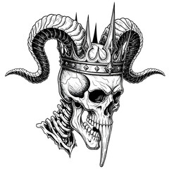 Skull with Crown and Horns Illustration.