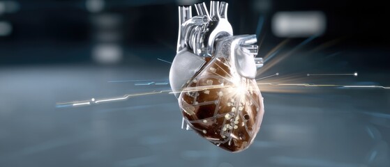 3D rendering of human heart with glowing energy flow on dark background in a futuristic science concept
