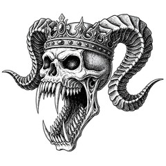 Skull with Crown and Horns Illustration for Gothic Art.