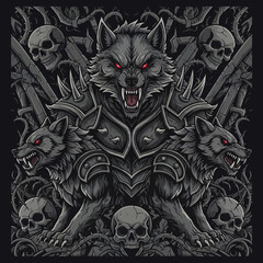 Three headed armored wolf with glowing red eyes.