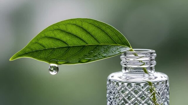 A green leaf with water droplets on it is placed over a clear glass bottle with a diamondcut pattern
