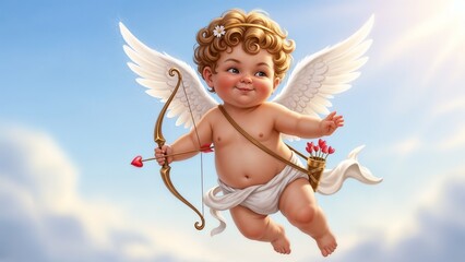 Child with wings holds bow and arrow in the sky during bright day with clouds