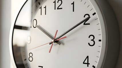 Modern wall clock with red second hand in close-up shot with soft natural lighting for time management