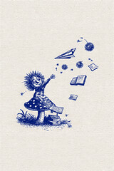 Obraz premium Whimsical Gnome Under Mushroom with Flying Paper Airplanes