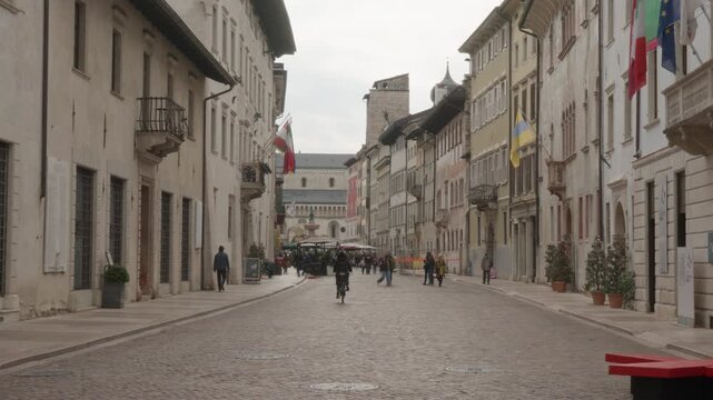 Scenic view of Via Rodolfo Belenzani in Trento Italy features historic Renaissance facades and national flags. Traditional European urban landscape leading to the central city square.