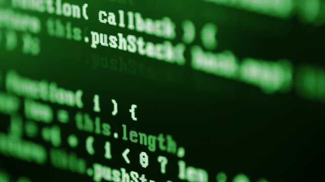 Close up of computer monitor screen with green programming code, hacker background, software development, cyber security, coding technologies and digital innovation concept