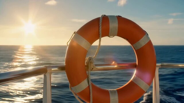 Orange lifebuoy on a ship railing with sunset over the ocean. Safety ring on a boat deck with sun flare. Maritime travel and rescue concept