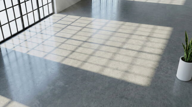 Modern empty concrete room with large window, natural light casting grid shadows on polished floor, featuring a minimalist snake plant.