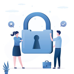 Group of office workers holding giant padlock. Successful teamwork, cooperation in work on business project. Shared secret. Colleagues, business people to help solve problem
