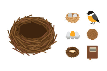 Flat design bird nest with eggs and bird icons for nature graphics