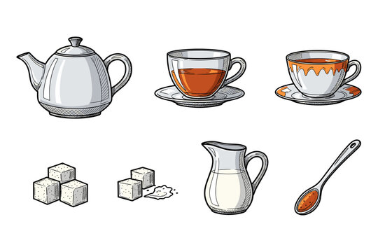 Tea time essentials: cups, teapot, sugar cubes, milk, spoon in detailed cartoon style