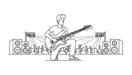 Rock concert line art: guitarist on stage with crowd and lights