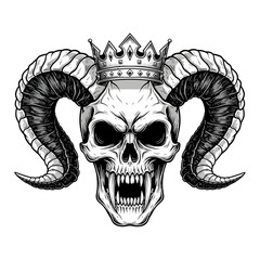 Crowned Skull with Curved Ram Horns Illustration.