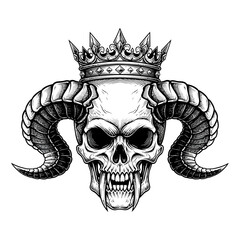 Crowned Skull with Ram Horns Illustration.