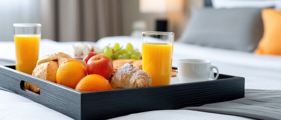 Joyful breakfast tray with coffee, orange juice, and pastries on a hotel bed inviting a delightful start to the day