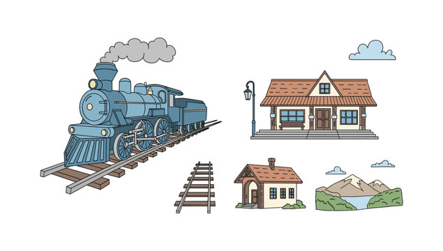 Vintage train and countryside elements in linear style