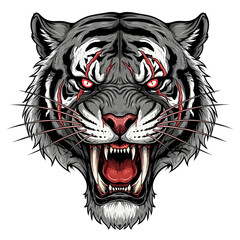 Ferocious snarling tiger head close up illustration.